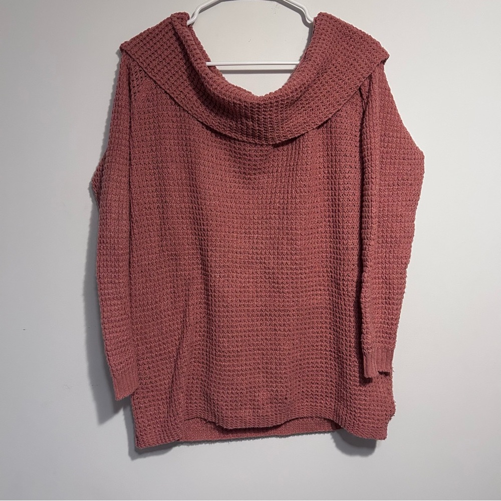 Cozy Pink Waffle Knit Fold Over Off-Shoulder Sweater